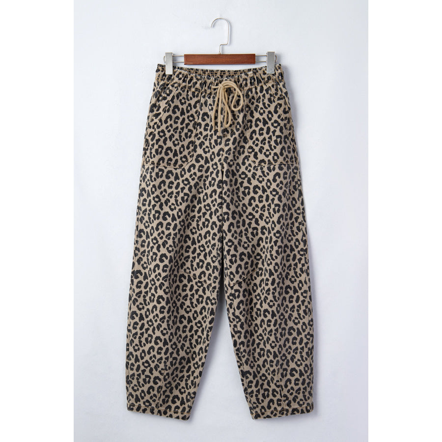 Khaki Leopard Print Drawstring Elastic Waist Loose Denim Pants with Pockets Bottoms/Jeans