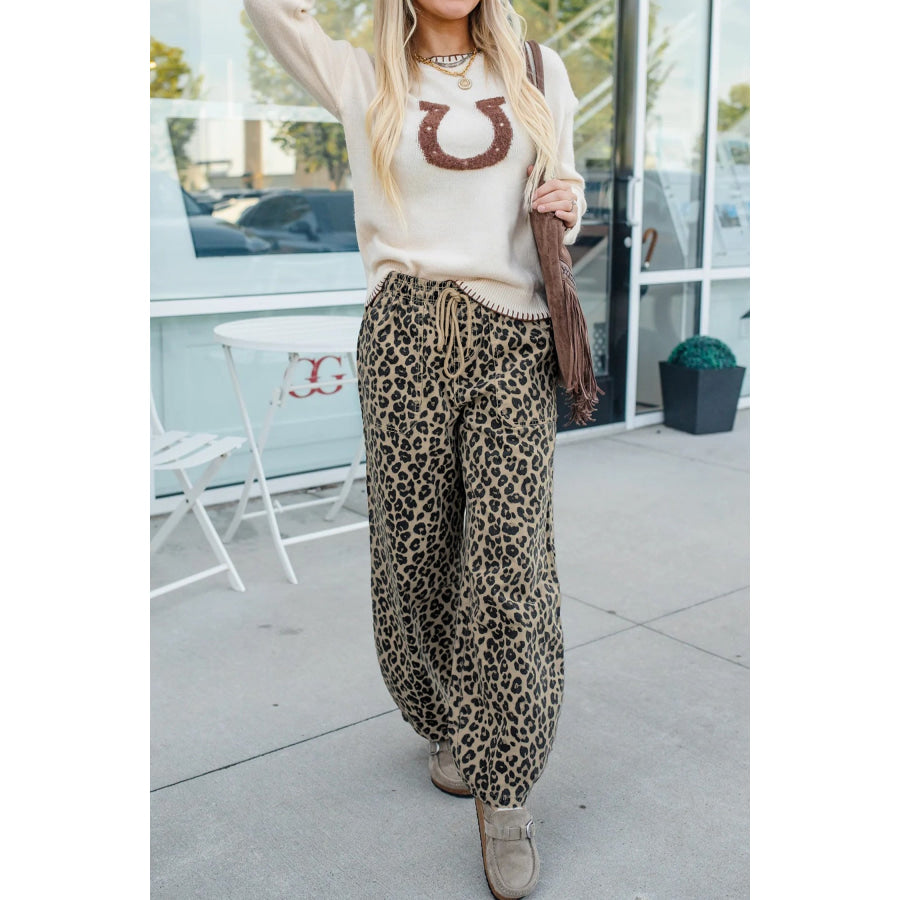 Khaki Leopard Print Drawstring Elastic Waist Loose Denim Pants with Pockets Khaki / 4 / 56.7% Polyester + 40.9% Cotton + 2.4% Elastane