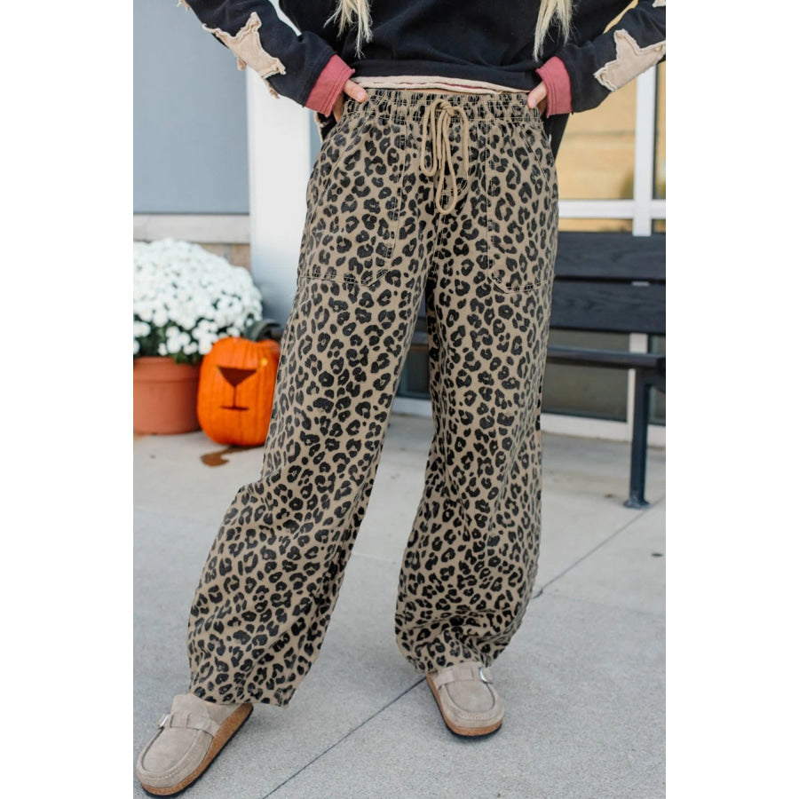 Khaki Leopard Print Drawstring Elastic Waist Loose Denim Pants with Pockets Bottoms/Jeans