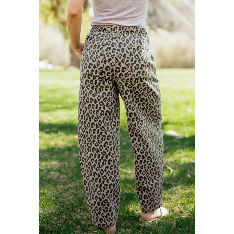 Khaki Leopard Print Drawstring Elastic Waist Loose Denim Pants with Pockets Bottoms/Jeans