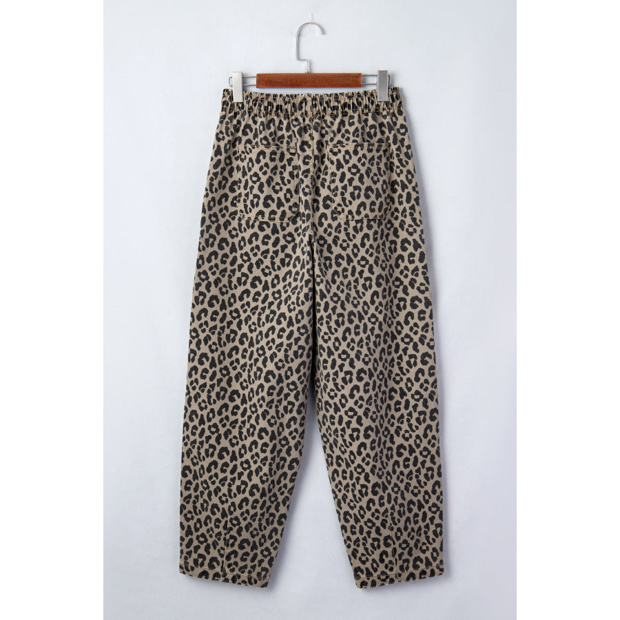 Khaki Leopard Print Drawstring Elastic Waist Loose Denim Pants with Pockets Bottoms/Jeans
