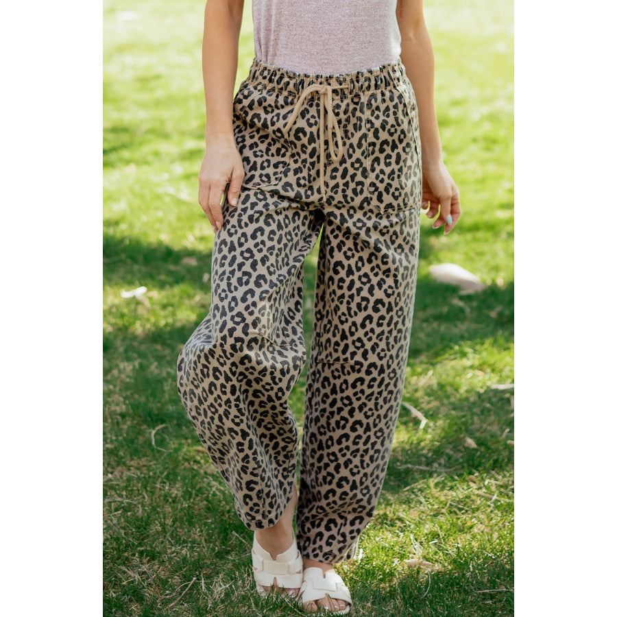 Khaki Leopard Print Drawstring Elastic Waist Loose Denim Pants with Pockets Bottoms/Jeans