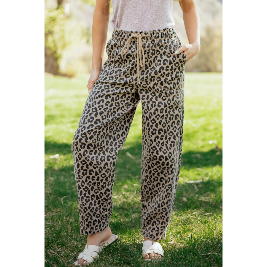 Khaki Leopard Print Drawstring Elastic Waist Loose Denim Pants with Pockets Bottoms/Jeans