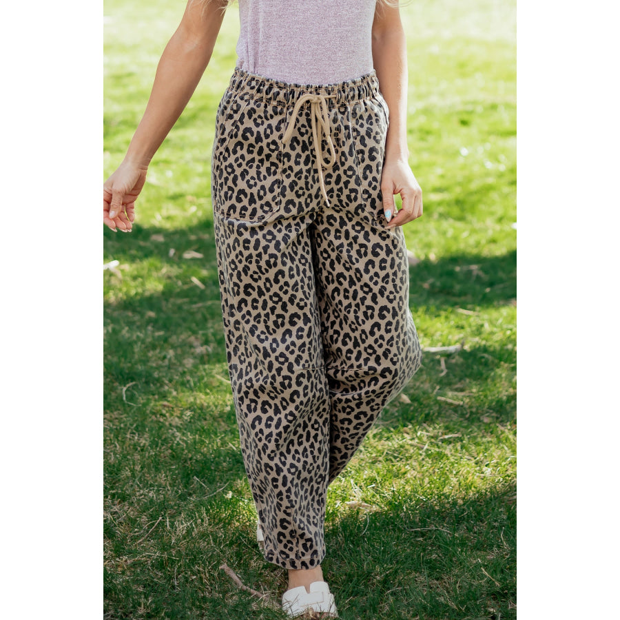 Khaki Leopard Print Drawstring Elastic Waist Loose Denim Pants with Pockets Bottoms/Jeans
