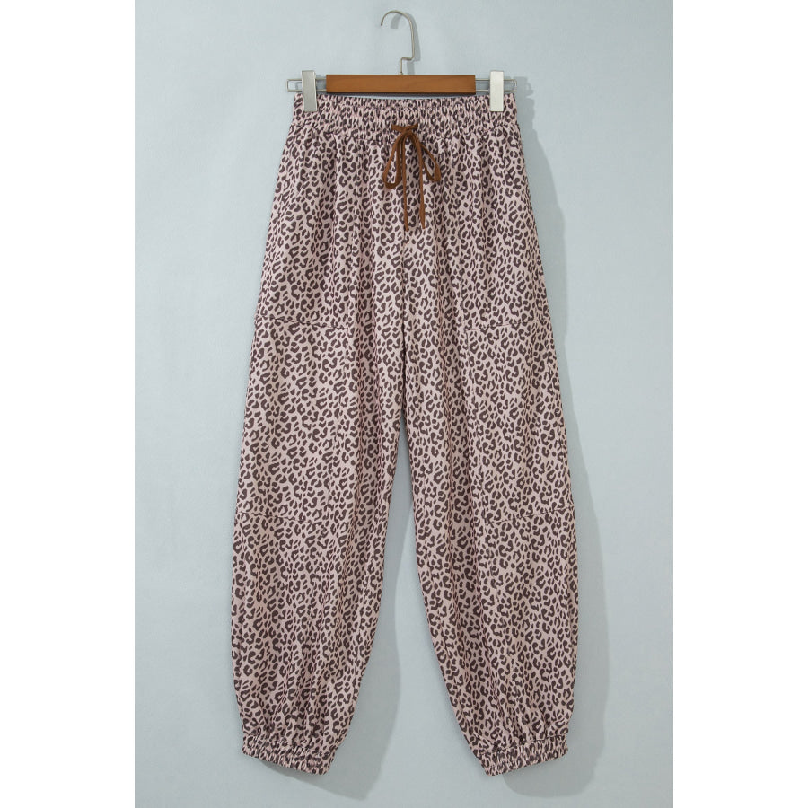 Khaki Leopard Print Elastic Waist Ankle Length Pants Bottoms/Pants & Culotte