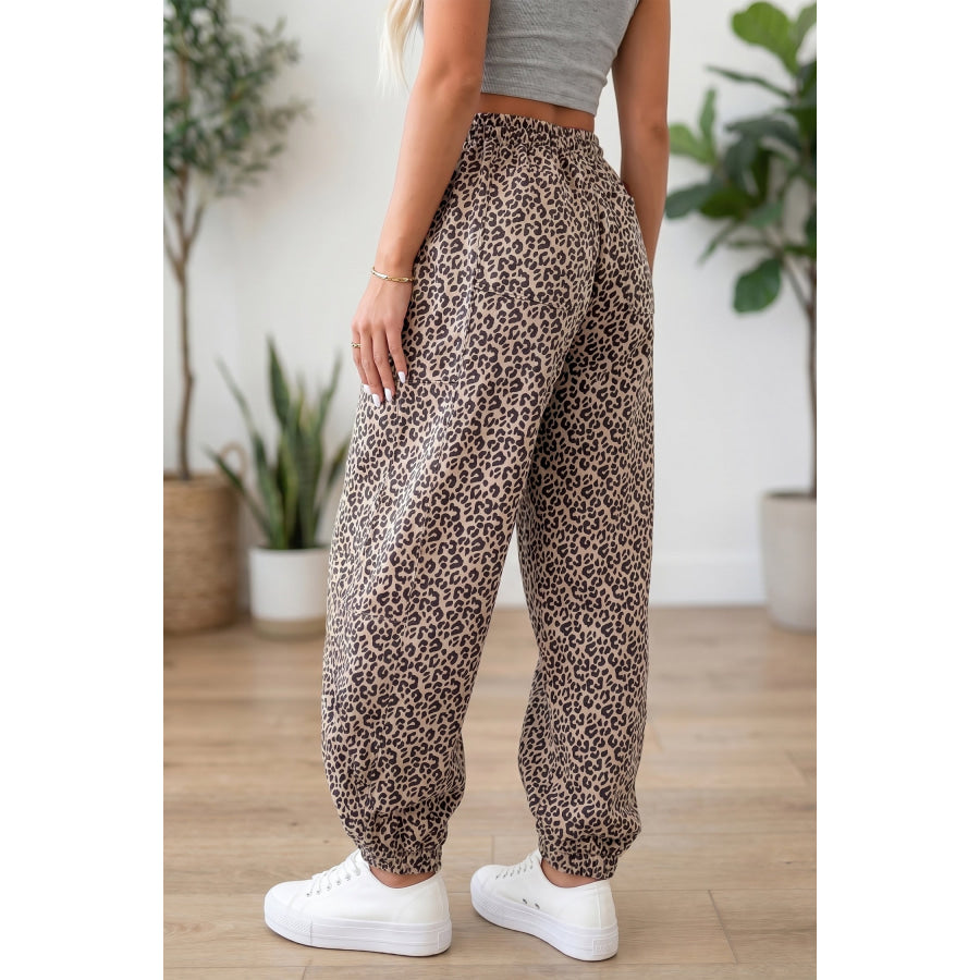 Khaki Leopard Print Elastic Waist Ankle Length Pants Khaki / S / 100% Polyester Bottoms/Pants & Culotte