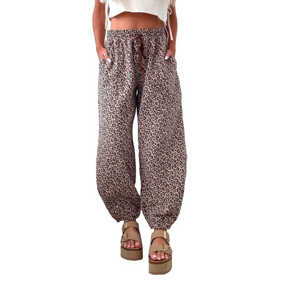 Khaki Leopard Print Elastic Waist Ankle Length Pants Bottoms/Pants & Culotte