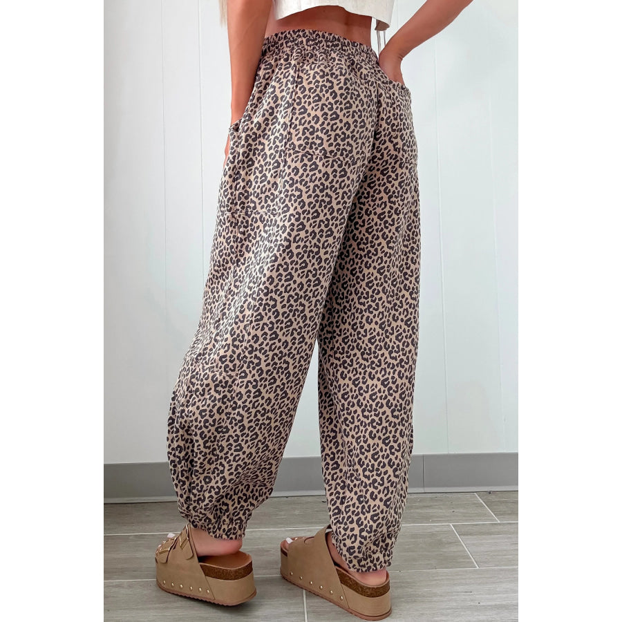 Khaki Leopard Print Elastic Waist Ankle Length Pants Bottoms/Pants & Culotte