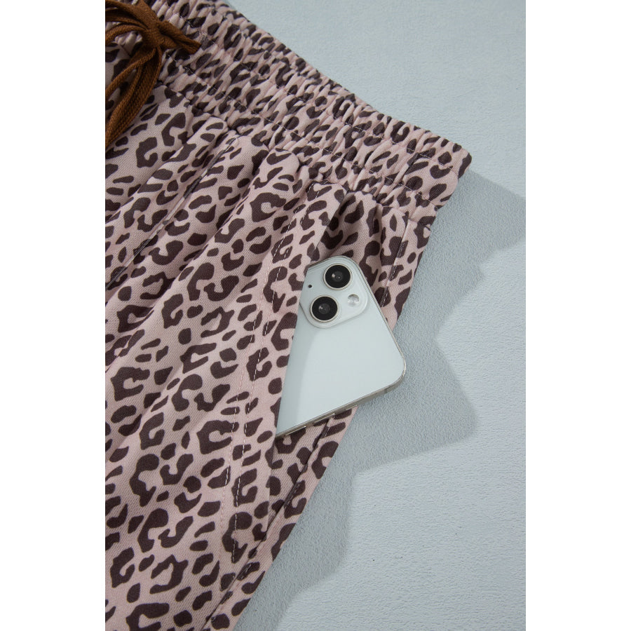 Khaki Leopard Print Elastic Waist Ankle Length Pants Bottoms/Pants & Culotte