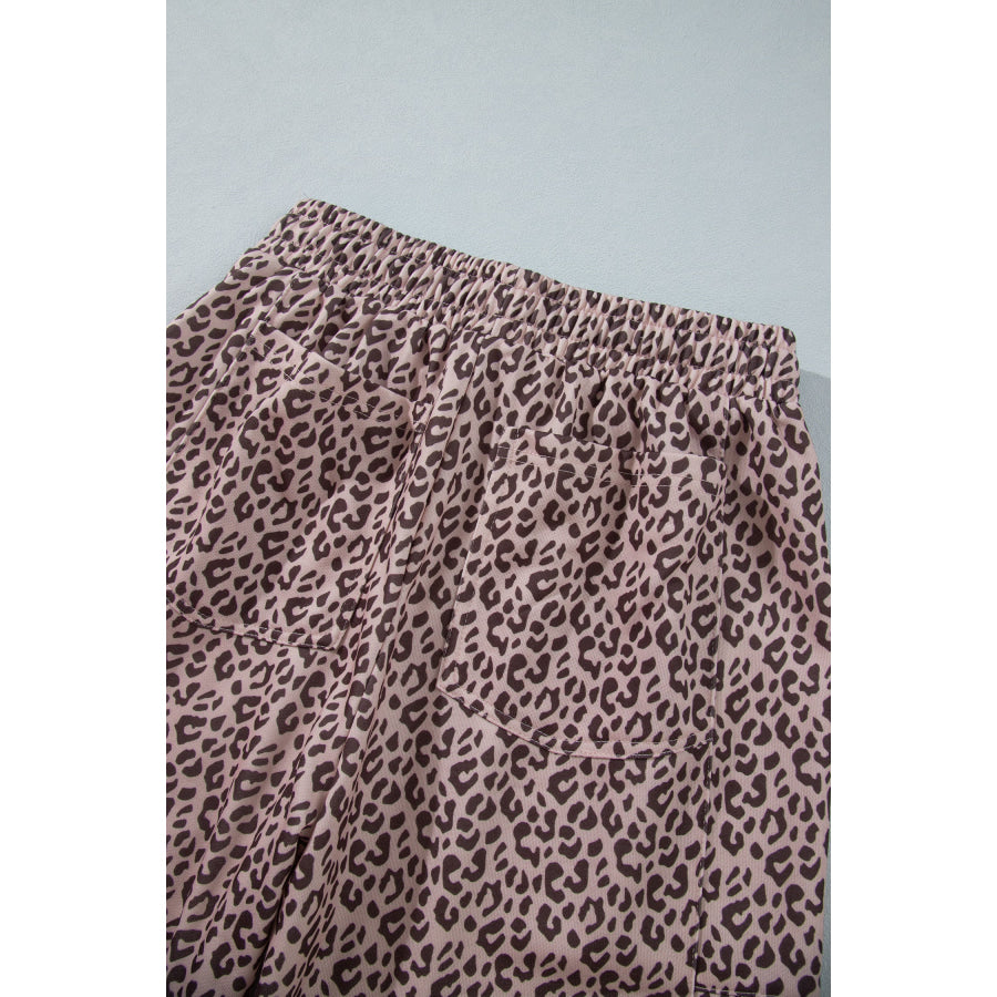 Khaki Leopard Print Elastic Waist Ankle Length Pants Bottoms/Pants & Culotte