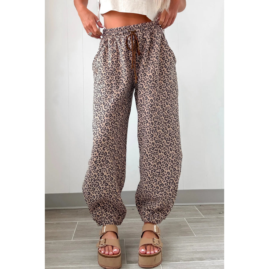 Khaki Leopard Print Elastic Waist Ankle Length Pants Bottoms/Pants & Culotte