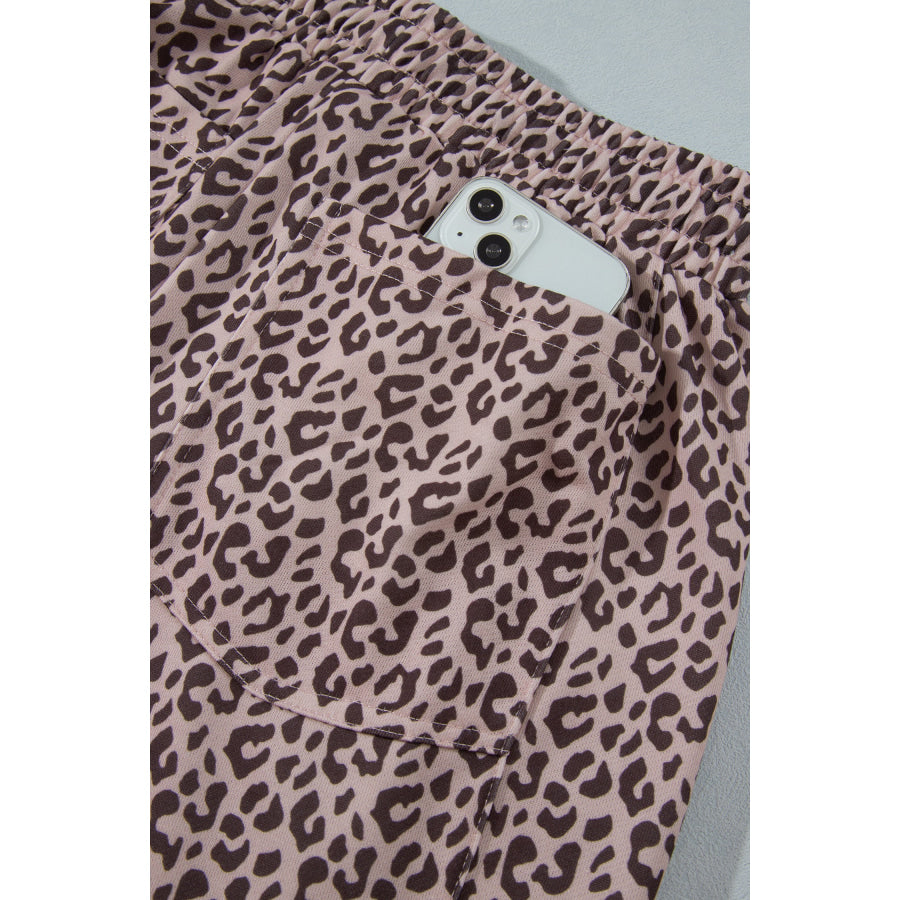 Khaki Leopard Print Elastic Waist Ankle Length Pants Bottoms/Pants & Culotte