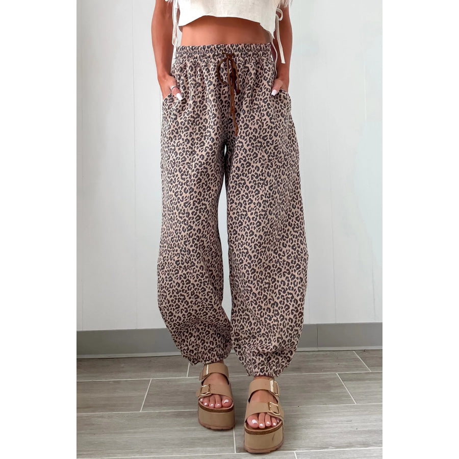 Khaki Leopard Print Elastic Waist Ankle Length Pants Bottoms/Pants & Culotte