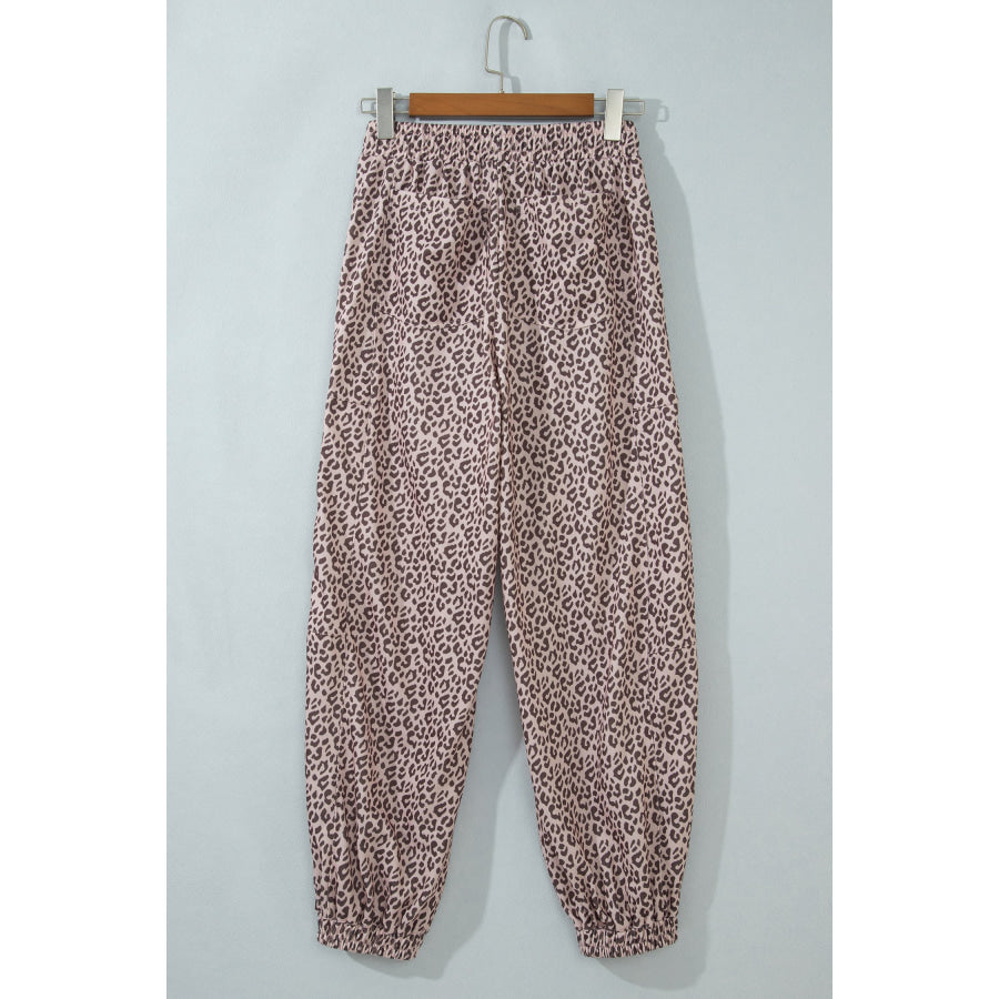 Khaki Leopard Print Elastic Waist Ankle Length Pants Bottoms/Pants & Culotte