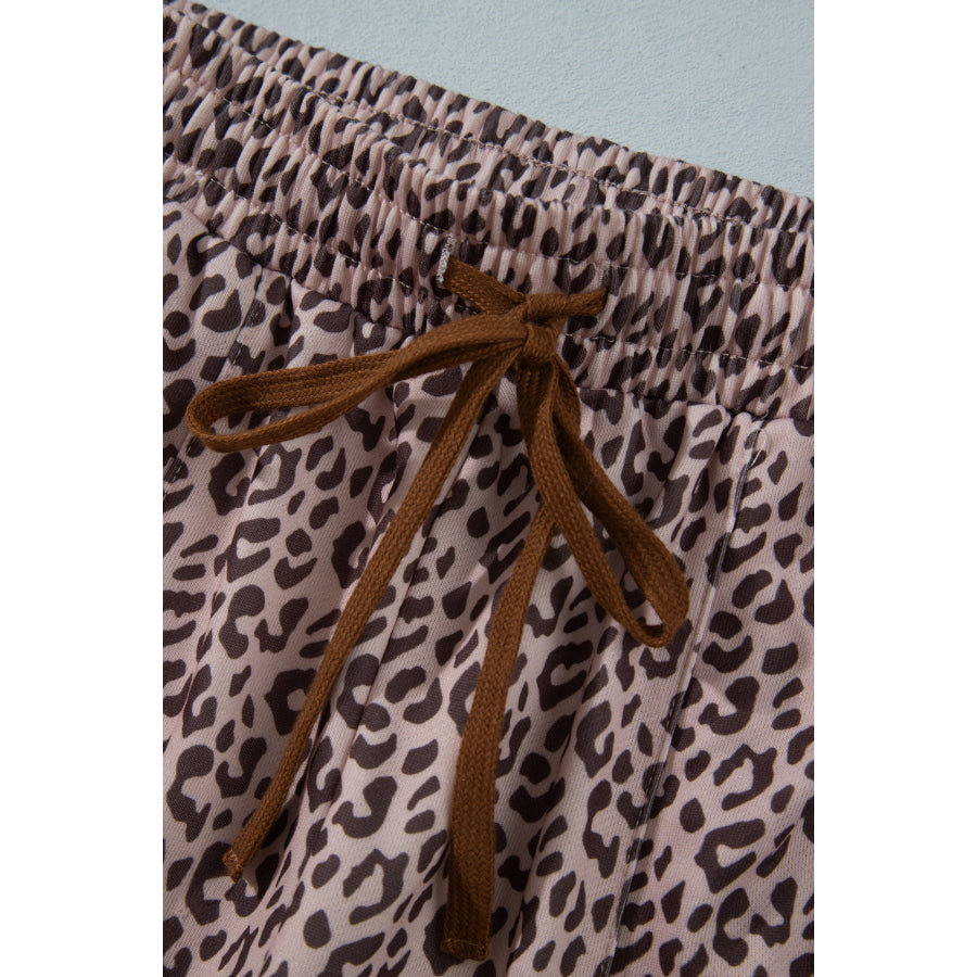 Khaki Leopard Print Elastic Waist Ankle Length Pants Bottoms/Pants & Culotte