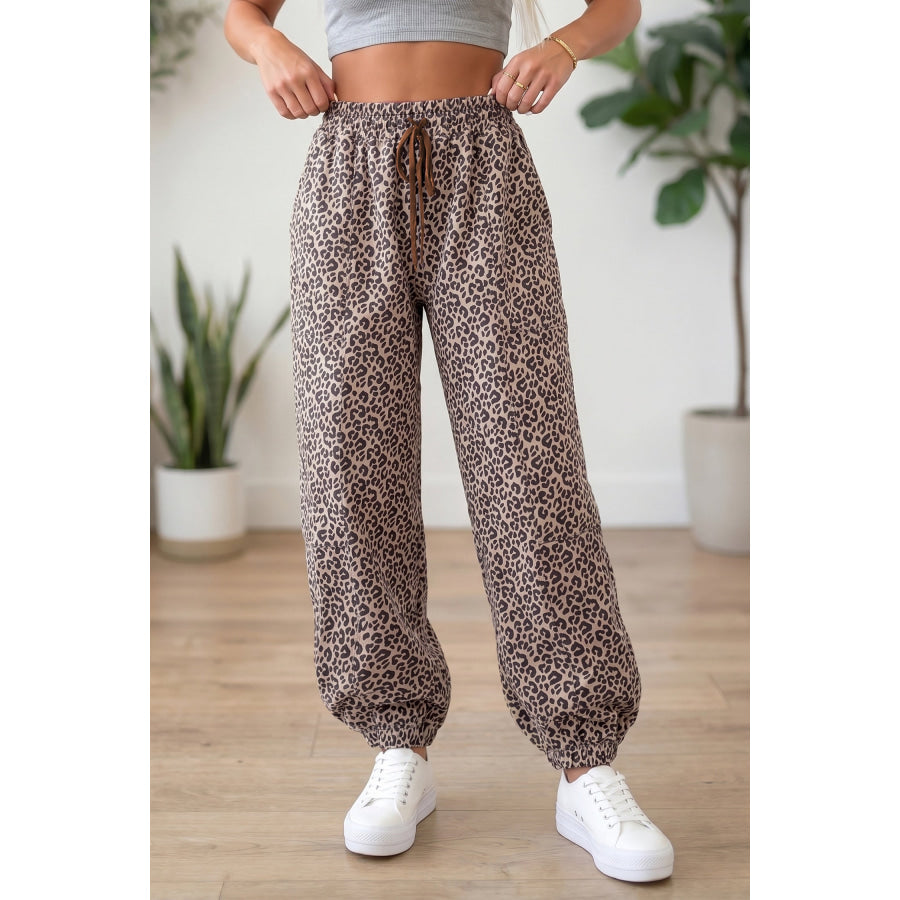 Khaki Leopard Print Elastic Waist Ankle Length Pants Khaki / S / 100% Polyester Bottoms/Pants & Culotte