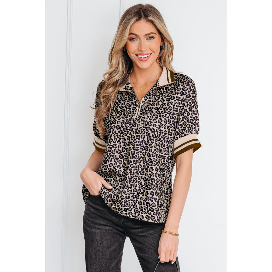 Khaki Leopard Print Half Zip Striped Trim Patchwork Short Sleeve Top Khaki / S / 95% Polyester + 5% Elastane Tops/Blouses & Shirts