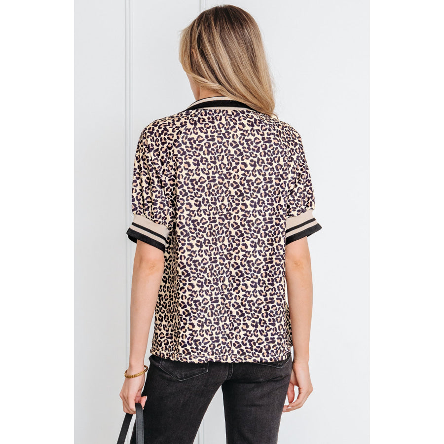 Khaki Leopard Print Half Zip Striped Trim Patchwork Short Sleeve Top Tops/Blouses & Shirts