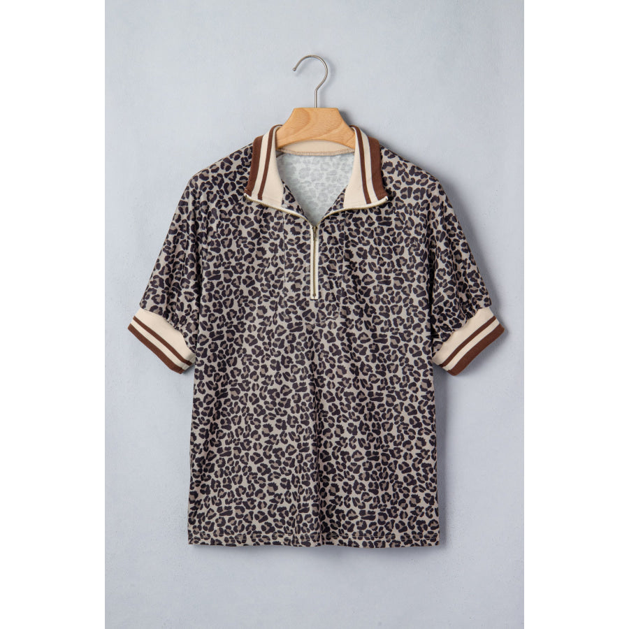 Khaki Leopard Print Half Zip Striped Trim Patchwork Short Sleeve Top Tops/Blouses & Shirts