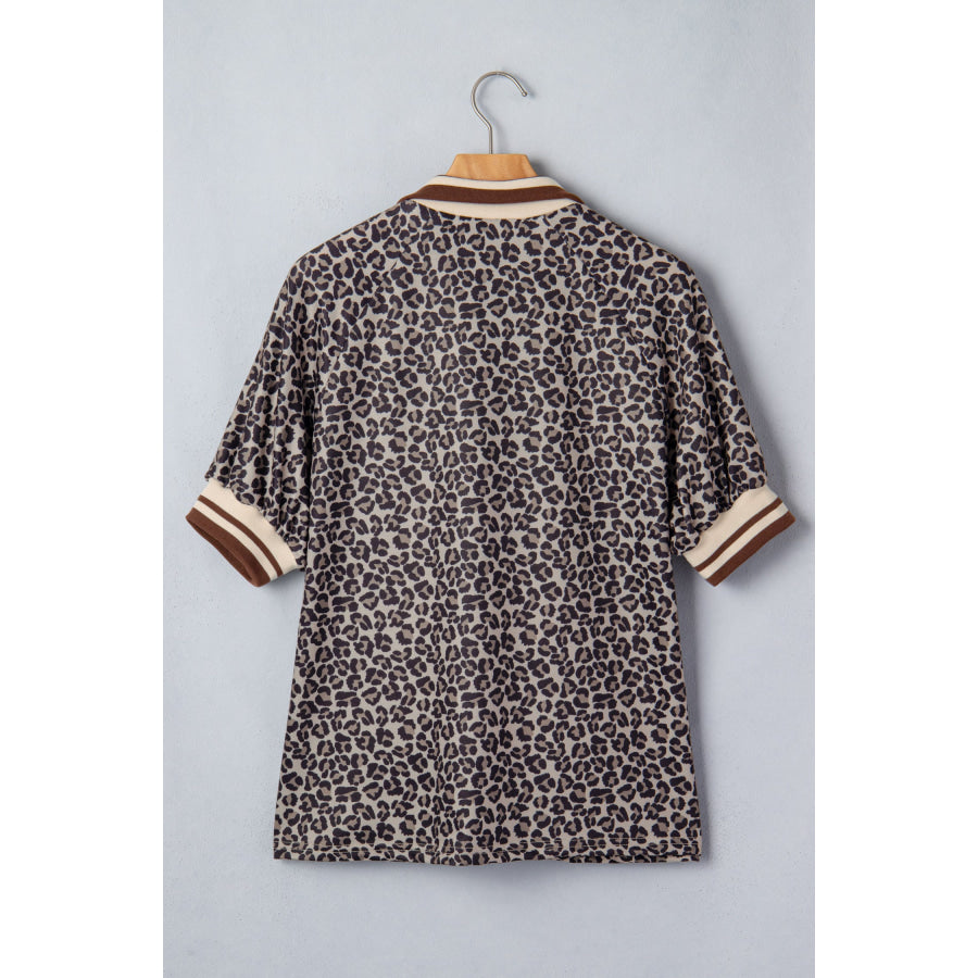 Khaki Leopard Print Half Zip Striped Trim Patchwork Short Sleeve Top Tops/Blouses & Shirts