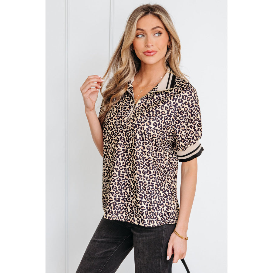 Khaki Leopard Print Half Zip Striped Trim Patchwork Short Sleeve Top Tops/Blouses & Shirts