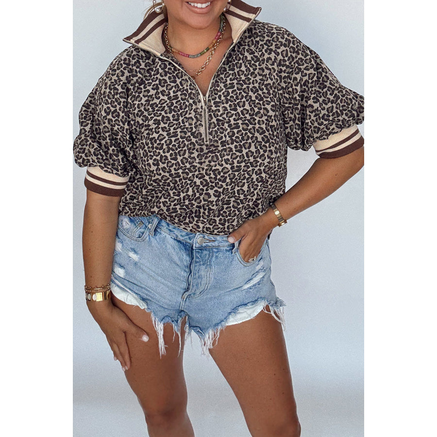 Khaki Leopard Print Half Zip Striped Trim Patchwork Short Sleeve Top Tops/Blouses & Shirts