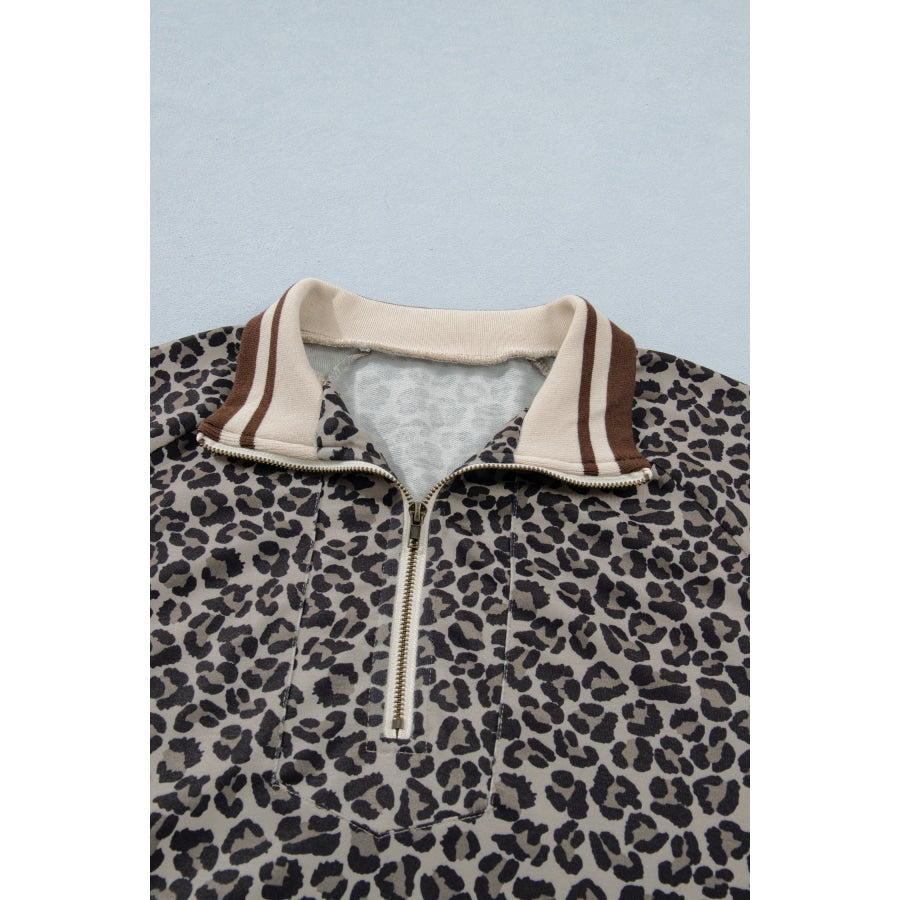 Khaki Leopard Print Half Zip Striped Trim Patchwork Short Sleeve Top Tops/Blouses & Shirts