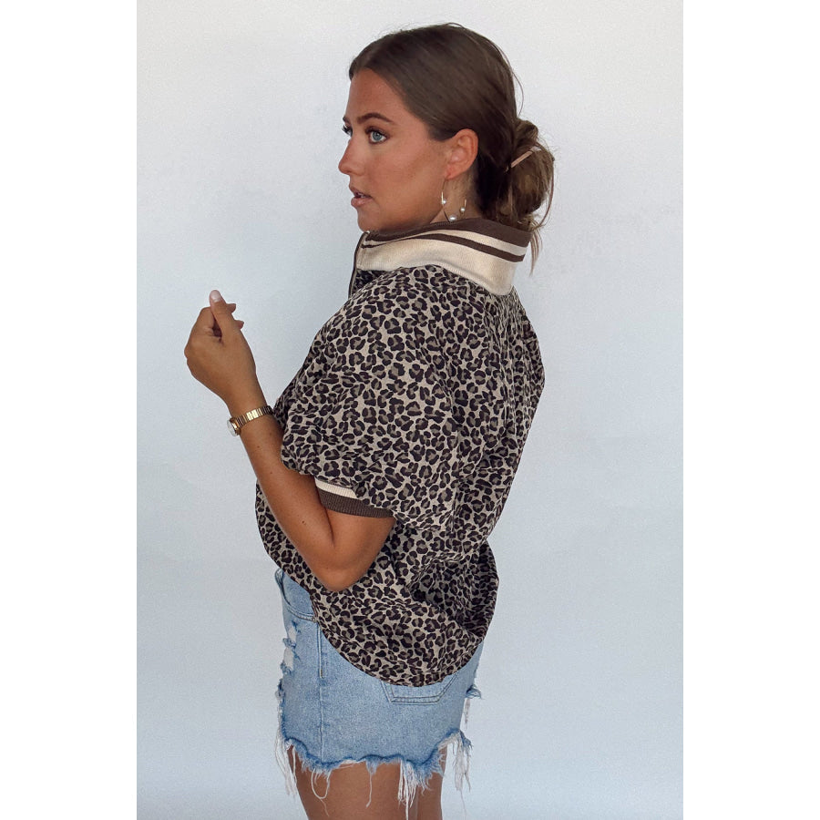 Khaki Leopard Print Half Zip Striped Trim Patchwork Short Sleeve Top Tops/Blouses & Shirts