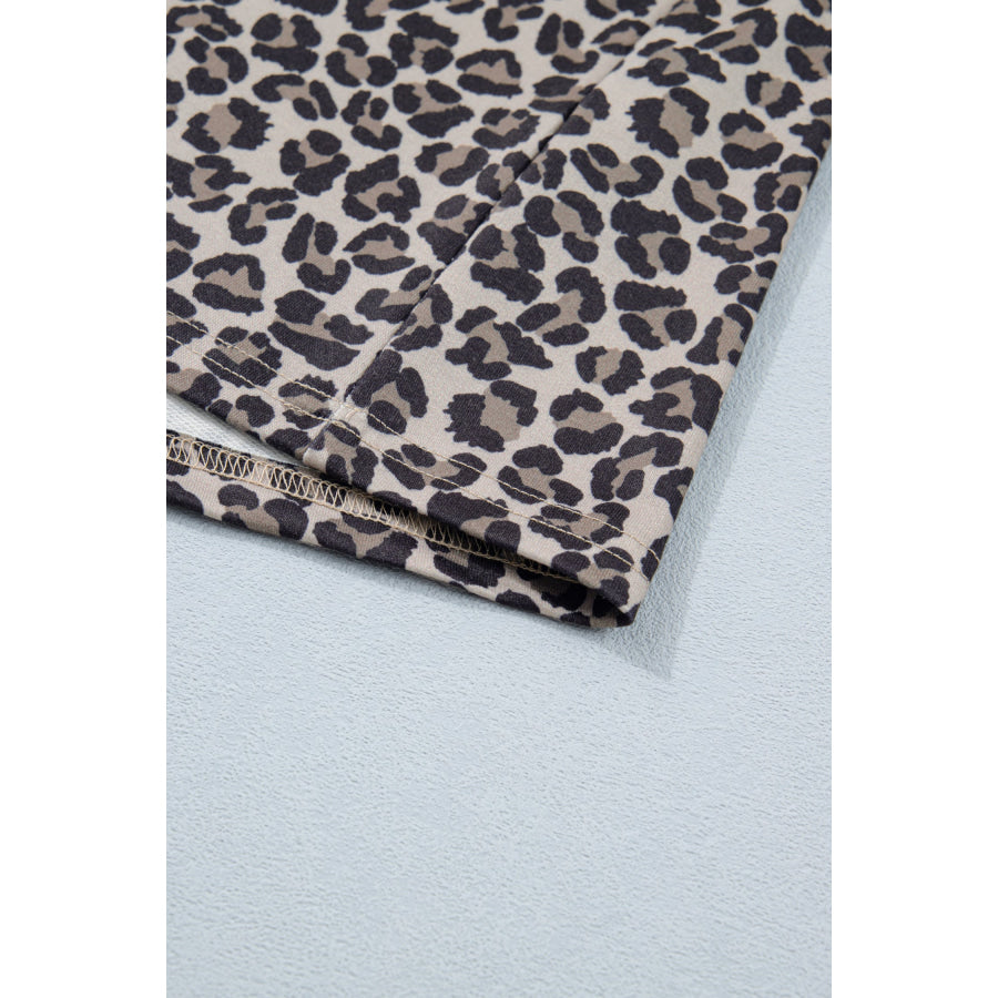 Khaki Leopard Print Half Zip Striped Trim Patchwork Short Sleeve Top Tops/Blouses & Shirts