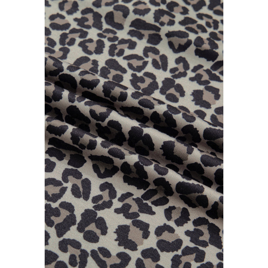 Khaki Leopard Print Half Zip Striped Trim Patchwork Short Sleeve Top Tops/Blouses & Shirts