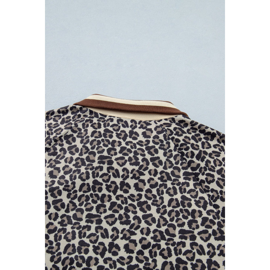 Khaki Leopard Print Half Zip Striped Trim Patchwork Short Sleeve Top Tops/Blouses & Shirts