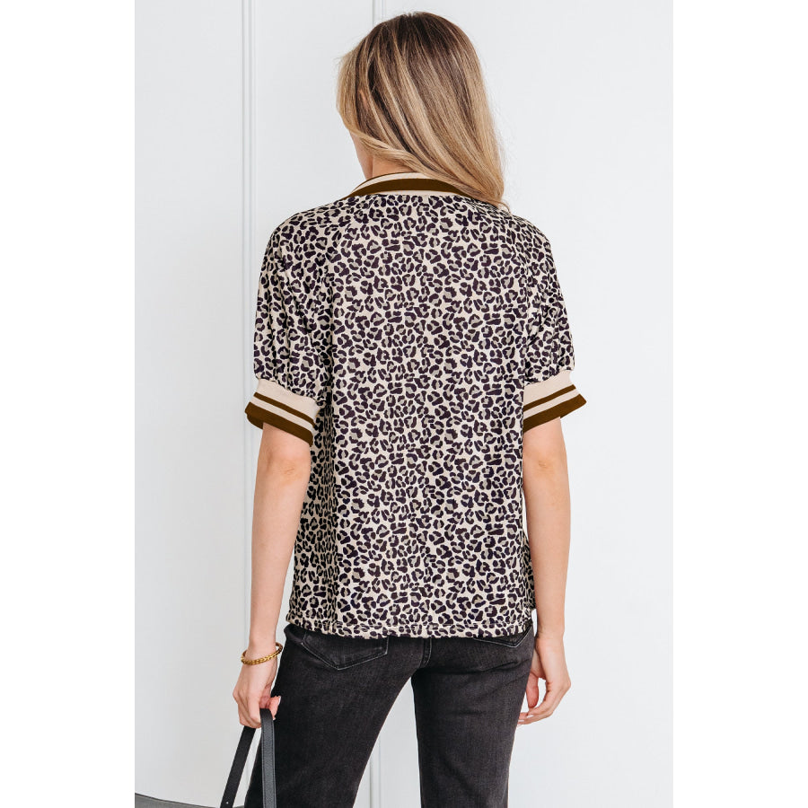 Khaki Leopard Print Half Zip Striped Trim Patchwork Short Sleeve Top Khaki / S / 95% Polyester + 5% Elastane Tops/Blouses & Shirts