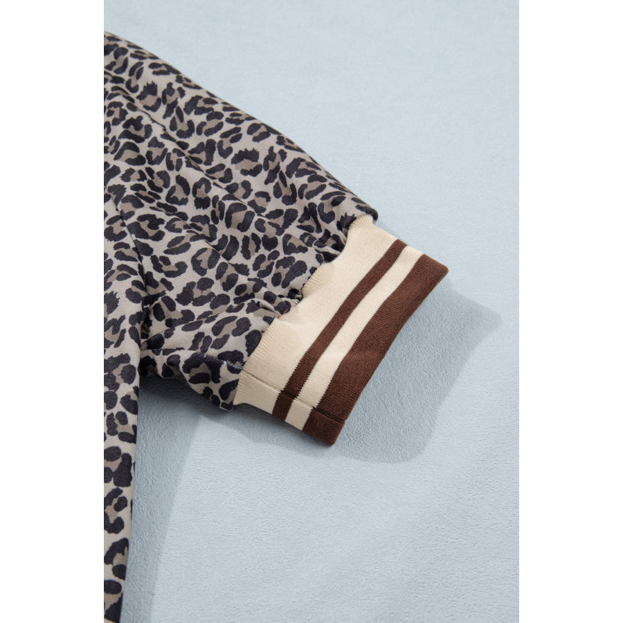 Khaki Leopard Print Half Zip Striped Trim Patchwork Short Sleeve Top Tops/Blouses & Shirts