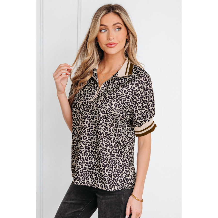 Khaki Leopard Print Half Zip Striped Trim Patchwork Short Sleeve Top Tops/Blouses & Shirts