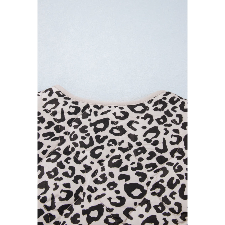 Khaki Leopard Print Patch Pockets Binding Tape Long Sleeve Regular Fit Jacket Outerwear/Jackets