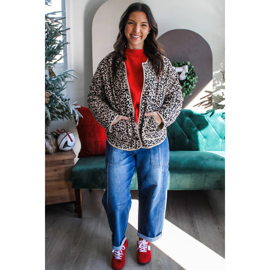 Khaki Leopard Print Patch Pockets Binding Tape Long Sleeve Regular Fit Jacket Outerwear/Jackets