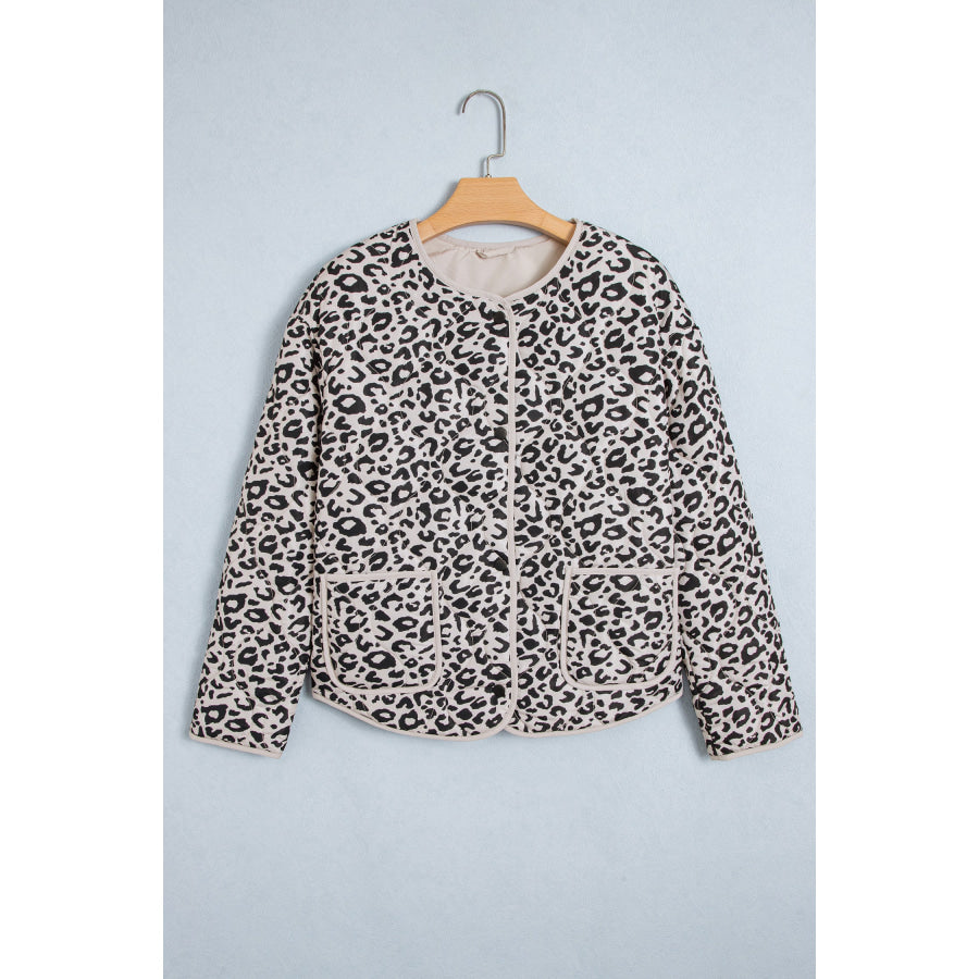 Khaki Leopard Print Patch Pockets Binding Tape Long Sleeve Regular Fit Jacket Outerwear/Jackets