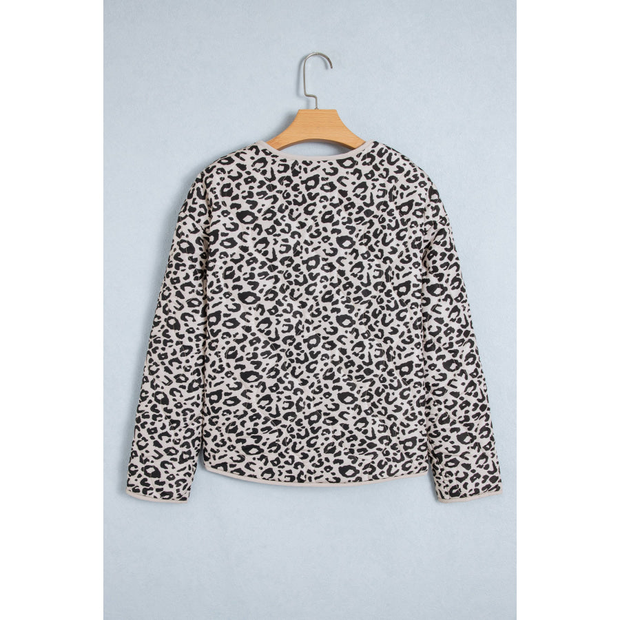 Khaki Leopard Print Patch Pockets Binding Tape Long Sleeve Regular Fit Jacket Outerwear/Jackets