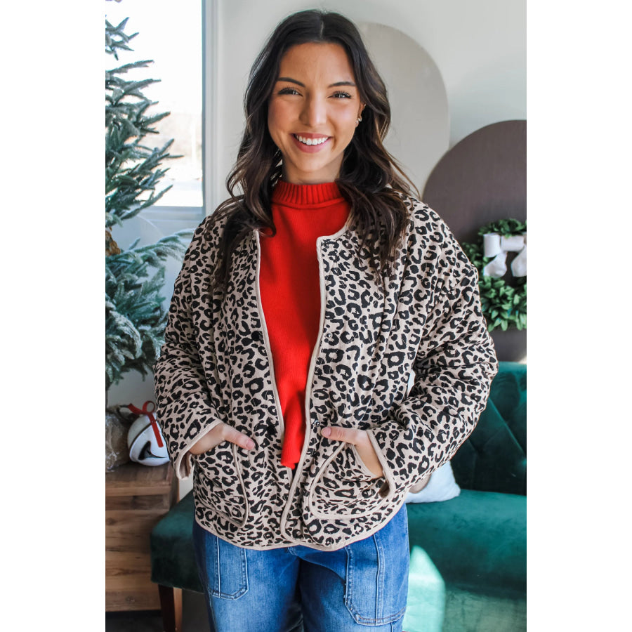 Khaki Leopard Print Patch Pockets Binding Tape Long Sleeve Regular Fit Jacket Outerwear/Jackets