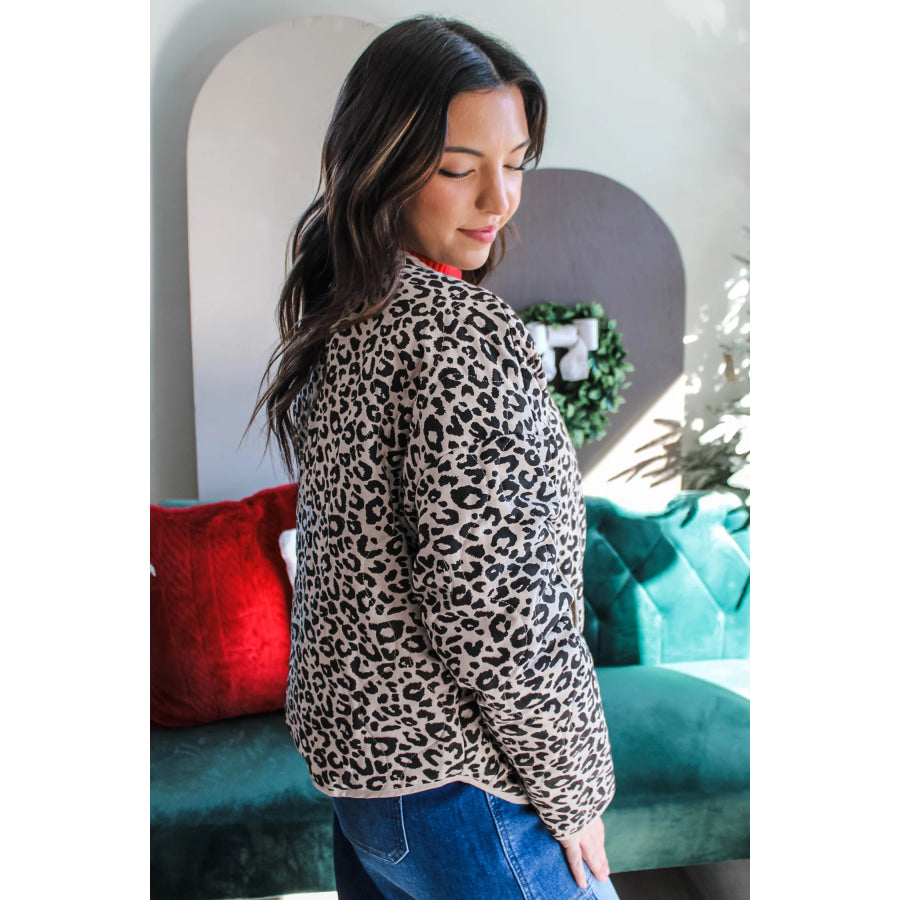 Khaki Leopard Print Patch Pockets Binding Tape Long Sleeve Regular Fit Jacket / S / Shell:100% Polyester + Lining:100% Polyester