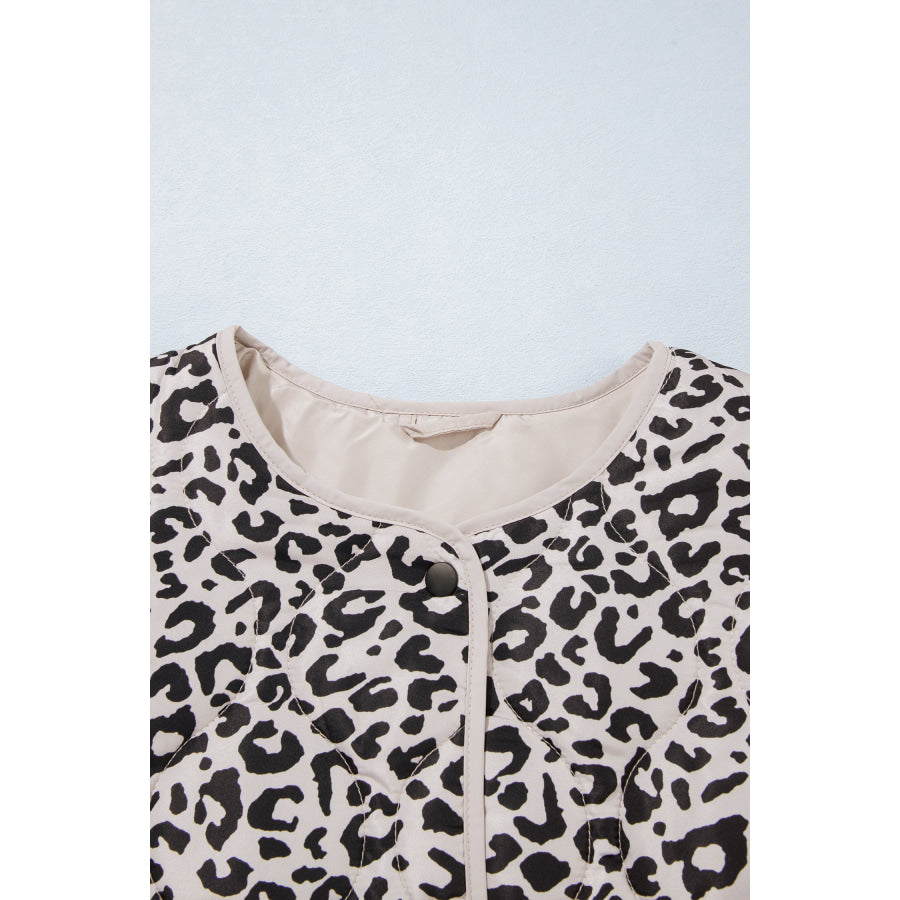 Khaki Leopard Print Patch Pockets Binding Tape Long Sleeve Regular Fit Jacket Outerwear/Jackets