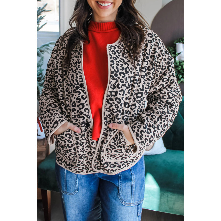 Khaki Leopard Print Patch Pockets Binding Tape Long Sleeve Regular Fit Jacket / S / Shell:100% Polyester + Lining:100% Polyester