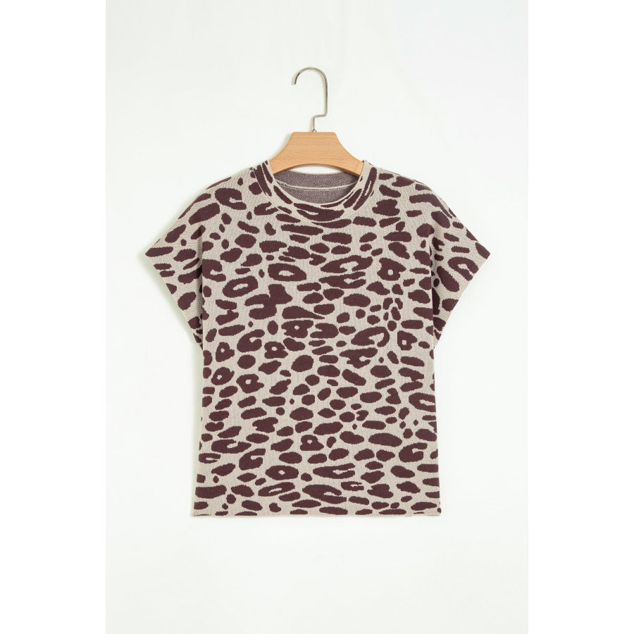 Khaki Leopard Print Short Sleeve Knit Loose Pullover Sweater Sweaters & Cardigans/Short Sleeve Sweaters