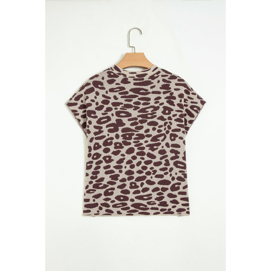 Khaki Leopard Print Short Sleeve Knit Loose Pullover Sweater Sweaters & Cardigans/Short Sleeve Sweaters
