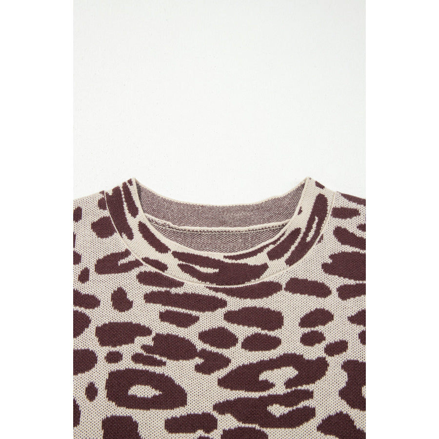 Khaki Leopard Print Short Sleeve Knit Loose Pullover Sweater Sweaters & Cardigans/Short Sleeve Sweaters