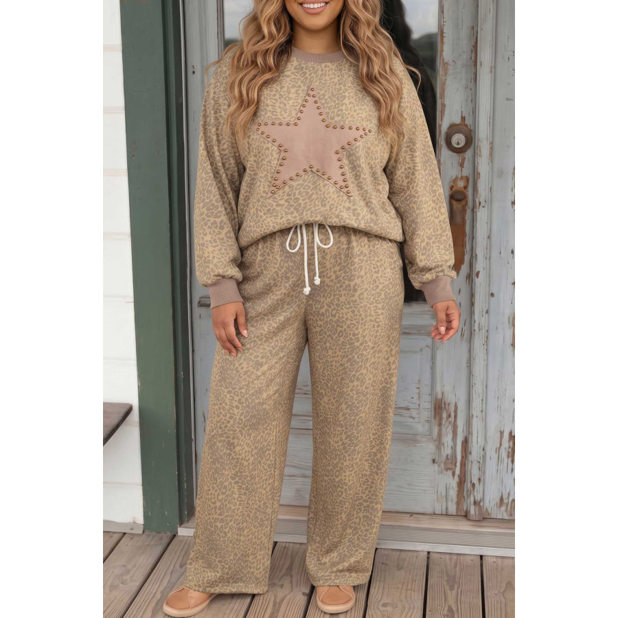 Khaki Leopard Print Star Patch Colorblock Long Sleeve Top Plus Size Drawstring Pants Set Plus Size/Plus Size Loungewear