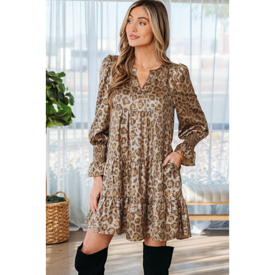 Khaki Leopard Print V Neck Ruffled Sleeve Tiered Loose Mini Dress Dresses/Mini Dresses
