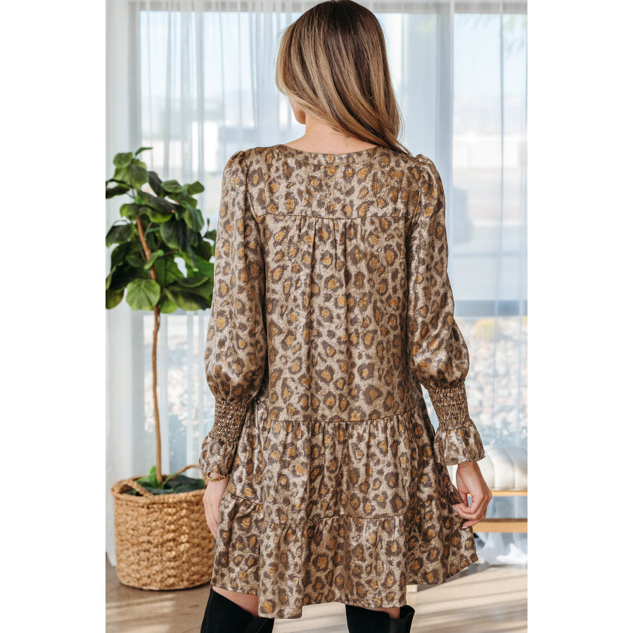 Khaki Leopard Print V Neck Ruffled Sleeve Tiered Loose Mini Dress Dresses/Mini Dresses