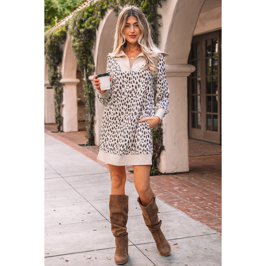 Khaki Leopard Print Zip up Collar Patchwork Shift Mini Dress Dresses/Mini Dresses