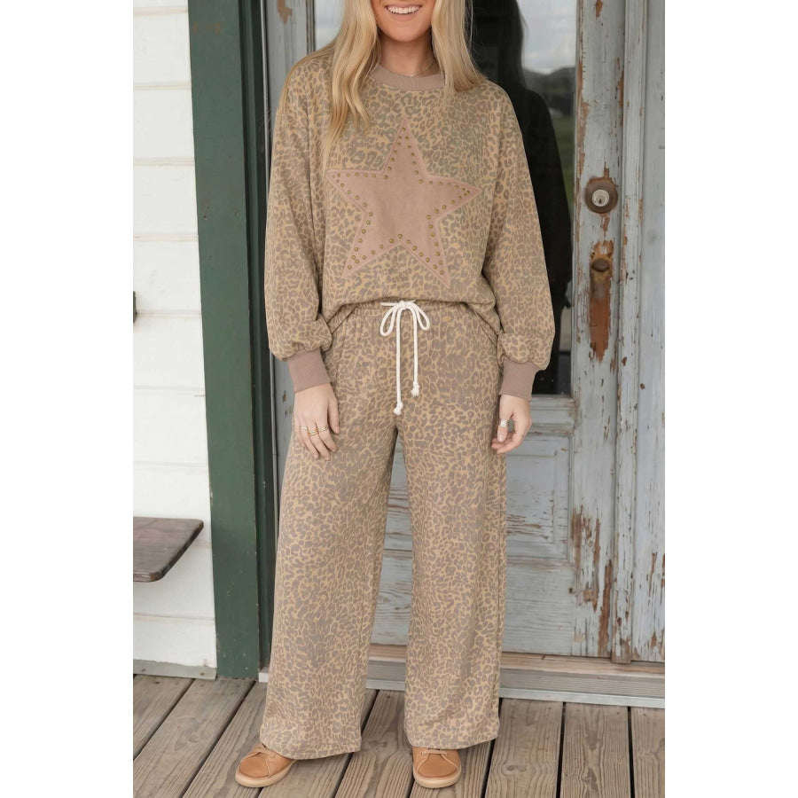 Khaki Leopard Star Print Long Sleeve Loose Casual Two Piece Pants Set Khaki / S Two Piece Sets/Pant Sets